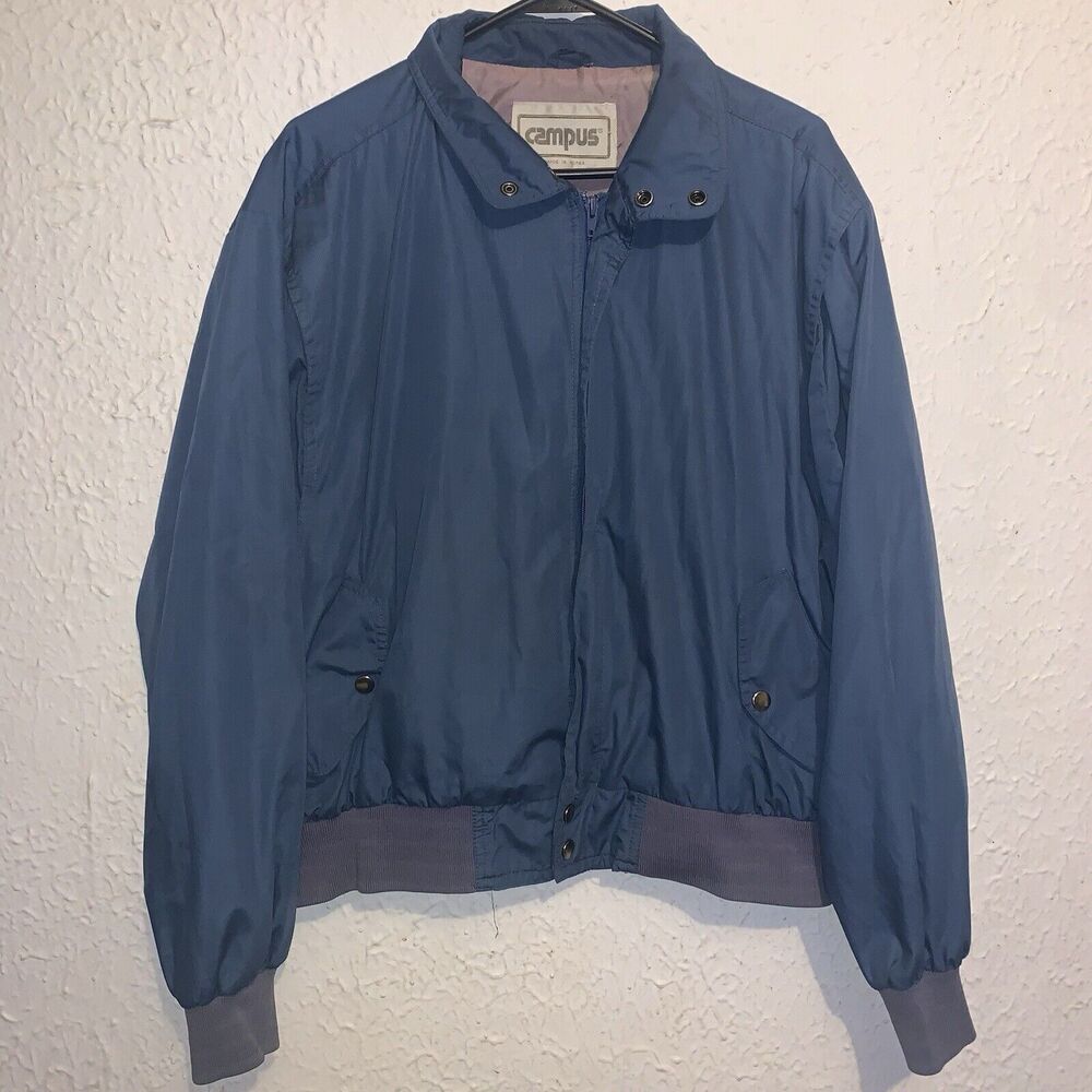 Vintage 70/80s Campus Blue Full Zip Satin Lined Bomber Jacket Coat XL